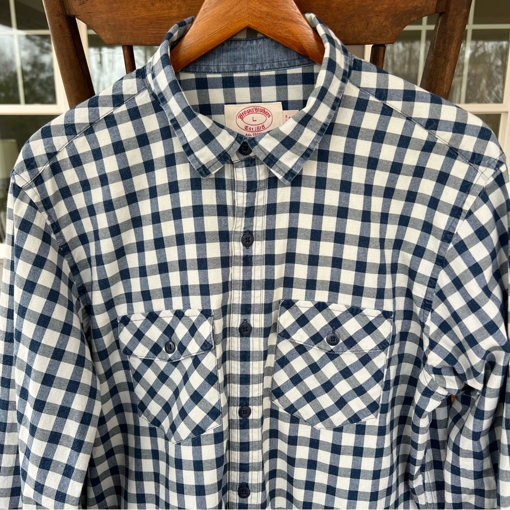Brooks Brothers 1818 Mens White Navy Plaid Long Sleeve Button Shirt Sz X SLIM L